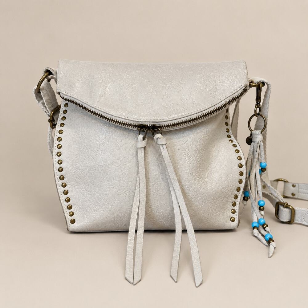 The Sak Silverlake Off White Leather Embossed Floral Foldover Crossbody Purse